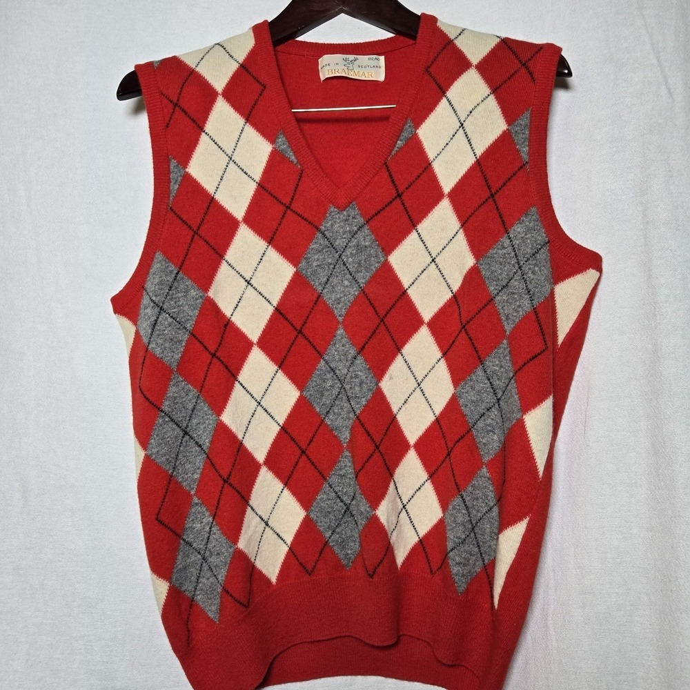 Vintage Braemar Mens 100% Lambs Wool Argyle Sweater Vest Size XL Academia Preppy